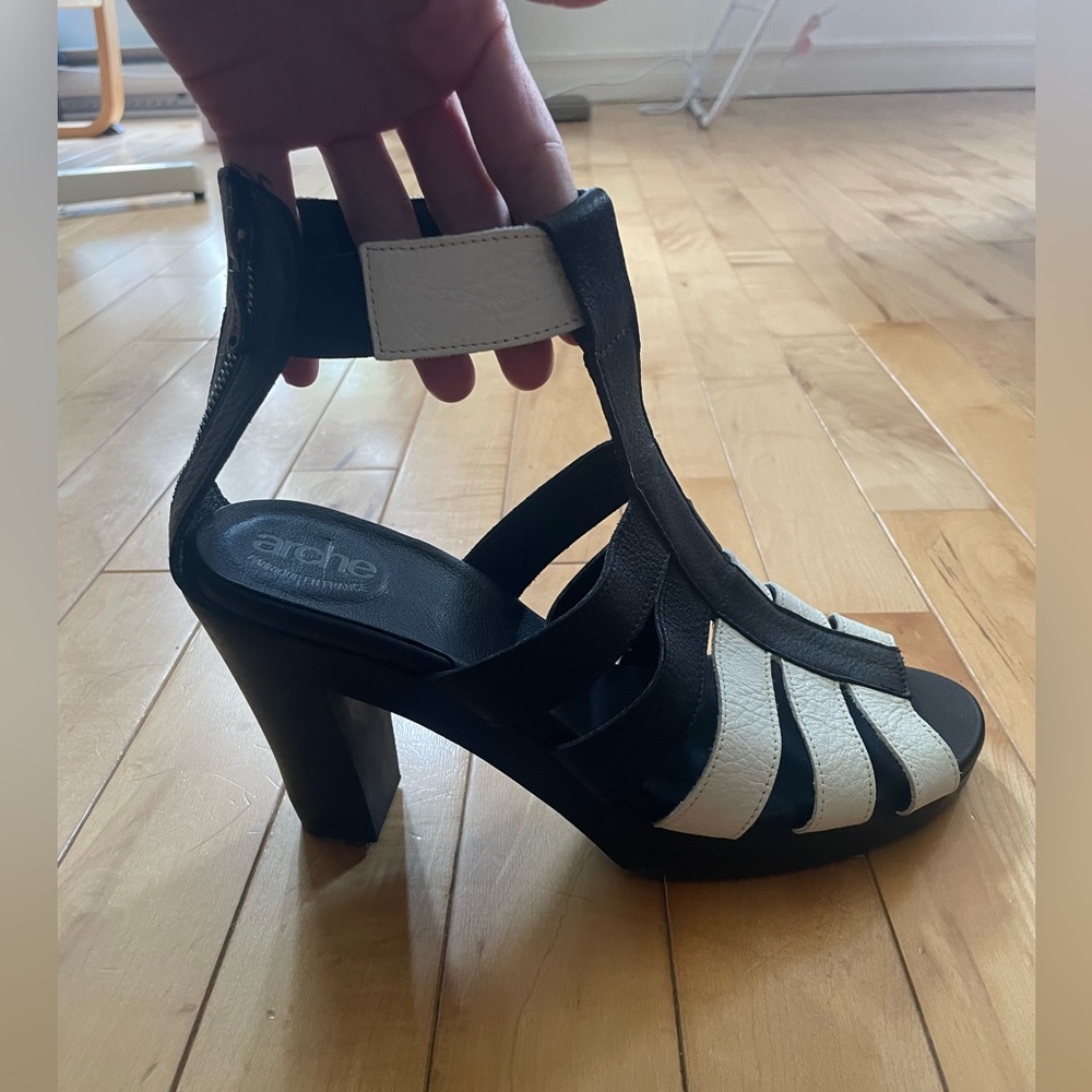 Arche Two-Tone Black and White Heeled Leather Sandals made in France